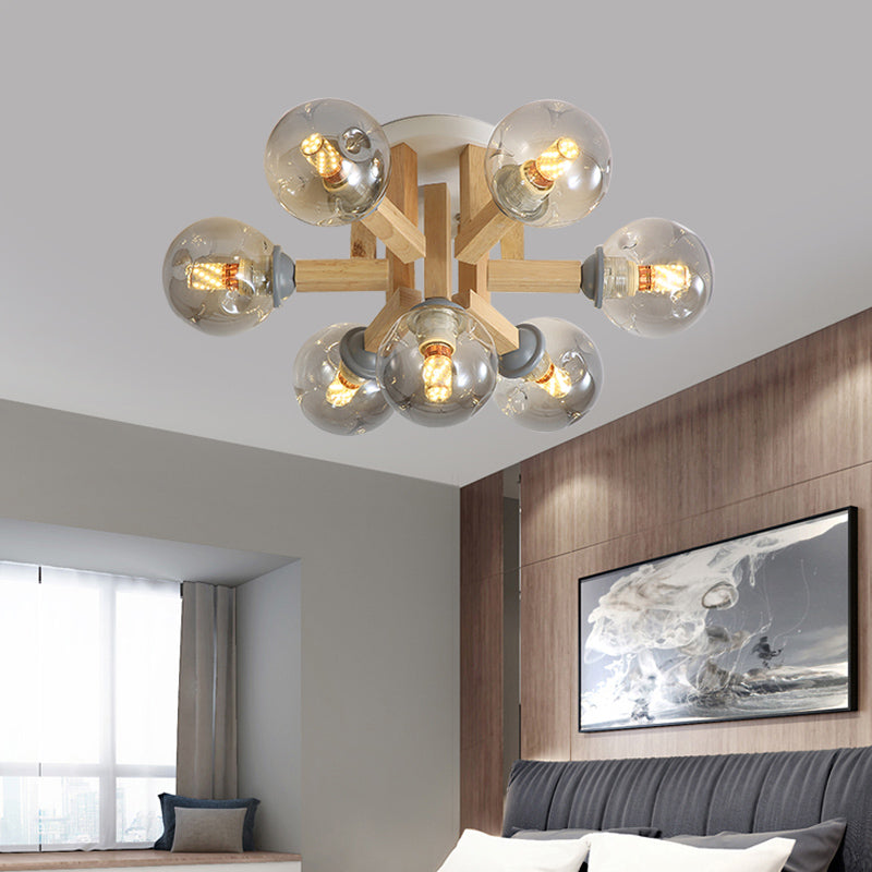 Postmoderne Starburst Semi Mount Lighting Holz 7-Licht Schlafzimmer Spülendedecke mit kugelfeiner grauer Glasschatten