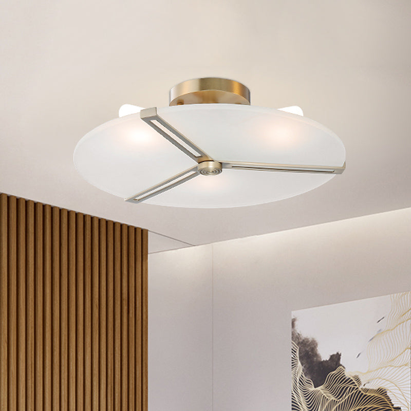 Retro Plate Frosted Glass Semi Flush 3 Bulbs Ceiling Mount Chandelier with Brass Band