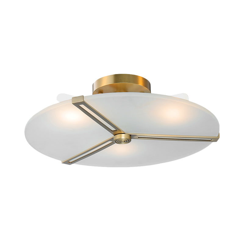 Retro Plate Frosted Glass Semi Flush 3 Bulbs Ceiling Mount Chandelier with Brass Band