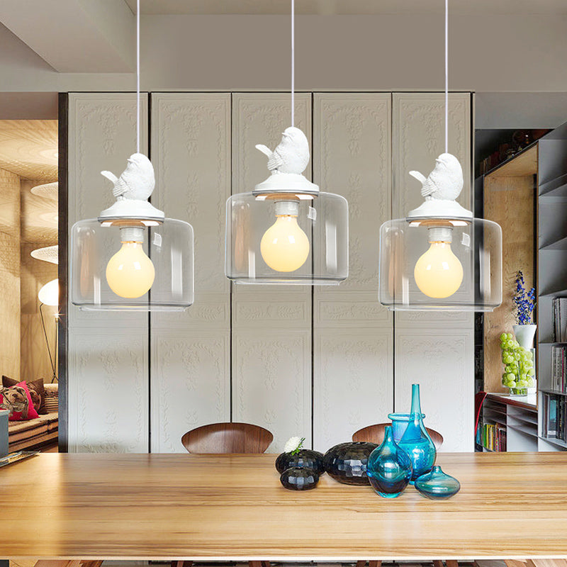 Drum Shaped Dinette Pendant Lamp Clear Glass 1 Bulb Modern Hanging Lamp Kit with White Bird Top