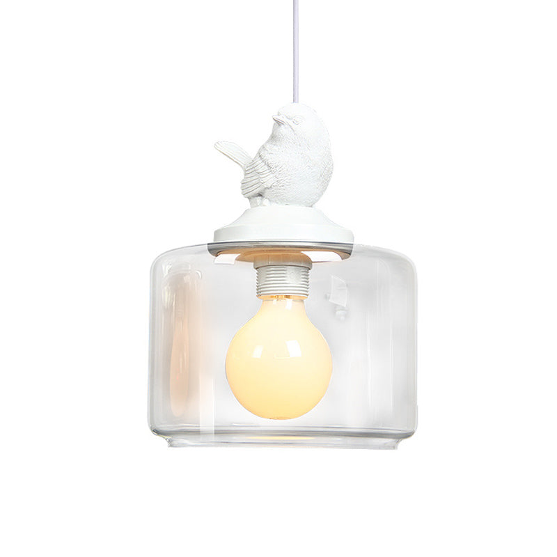 Drum Shaped Dinette Pendant Lamp Clear Glass 1 Bulb Modern Hanging Lamp Kit with White Bird Top