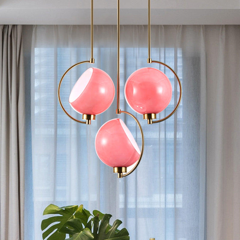 Kit di luce sospesa emisferica Macaron Rosa a mano in vetro a testa 1 ciondolo per caduta con braccio curvo