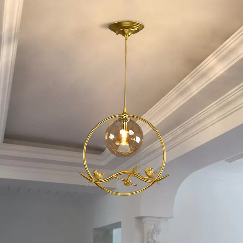 Brass Ring Hanging Pendant Mid-Century Single Bulb Metal Ceiling Lamp with Amber/Smoke Grey Glass Shade and Bird Deco