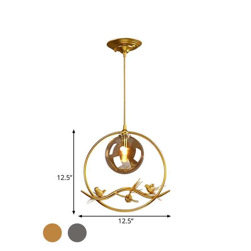 Brass Ring Hanging Pendant Mid-Century Single Bulb Metal Ceiling Lamp with Amber/Smoke Grey Glass Shade and Bird Deco