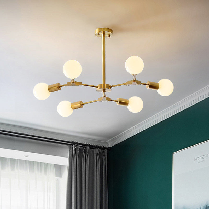 Brass Branched Rotatable Semi Flush Mount Modernism 6 Heads Metal Ceiling Light with Open Bulb Design