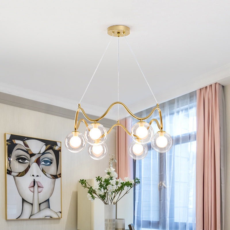 Iron Wave Pendant Ceiling Light Modern Stylish 6 Lights Brass Chandelier with Clear/White Double Ball Glass Shade