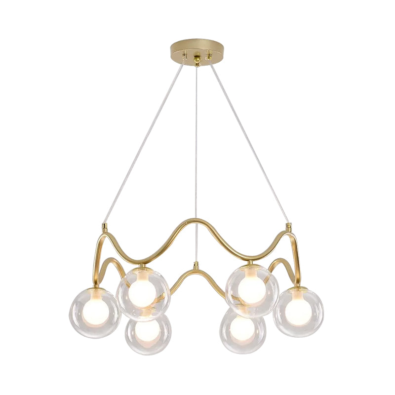 Iron Wave Pendant Ceiling Light Modern Stylish 6 Lights Brass Chandelier with Clear/White Double Ball Glass Shade