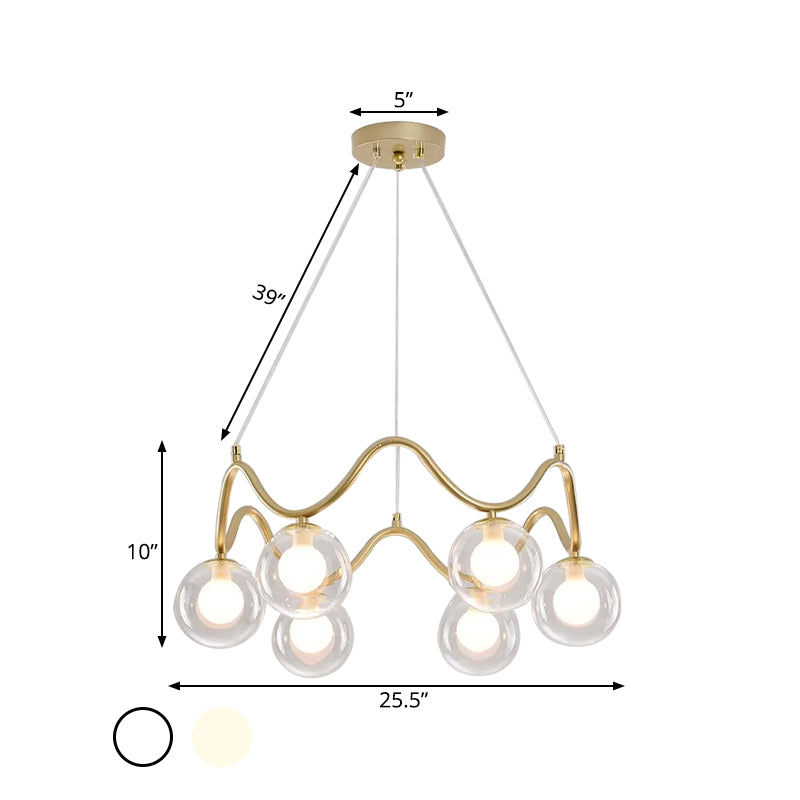Iron Wave Pendant Ceiling Light Modern Stylish 6 Lights Brass Chandelier with Clear/White Double Ball Glass Shade
