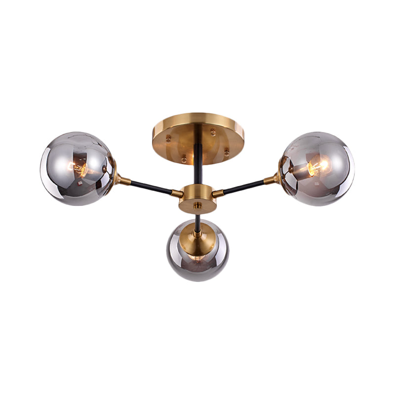 Postmodern Radial Smoke Glass Semi Flush 3/6 Heads Flush Mount Ceiling Chandelier in Brass and Black