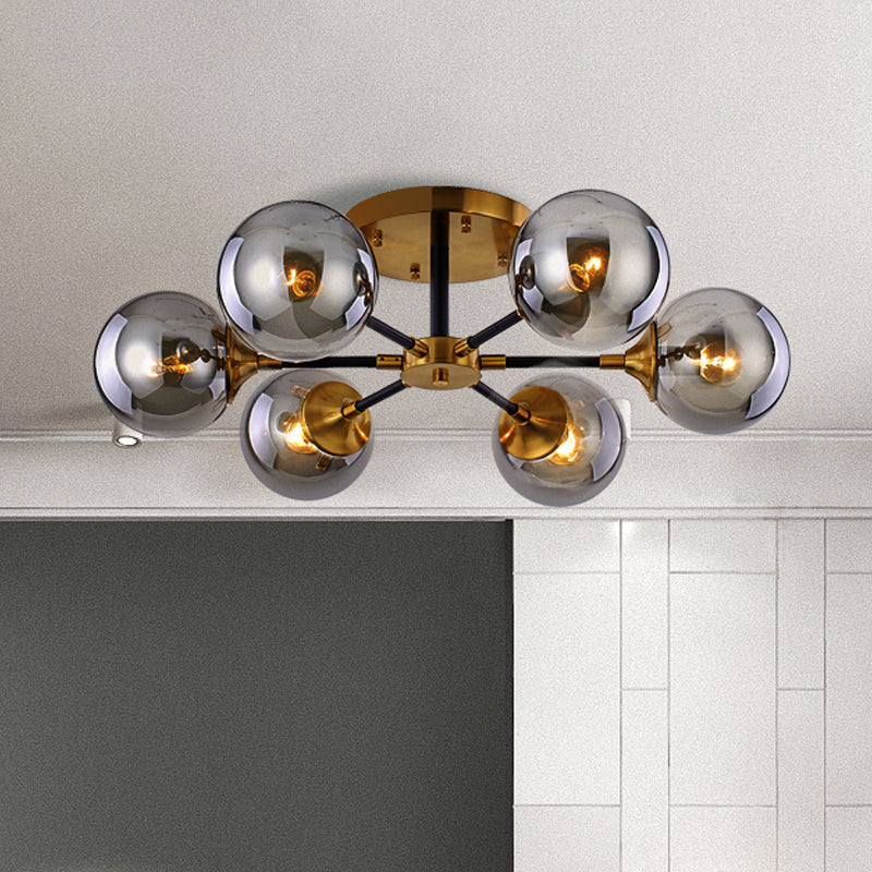 Postmodern Radial Smoke Glass Semi Flush 3/6 Heads Flush Mount Ceiling Chandelier in Brass and Black