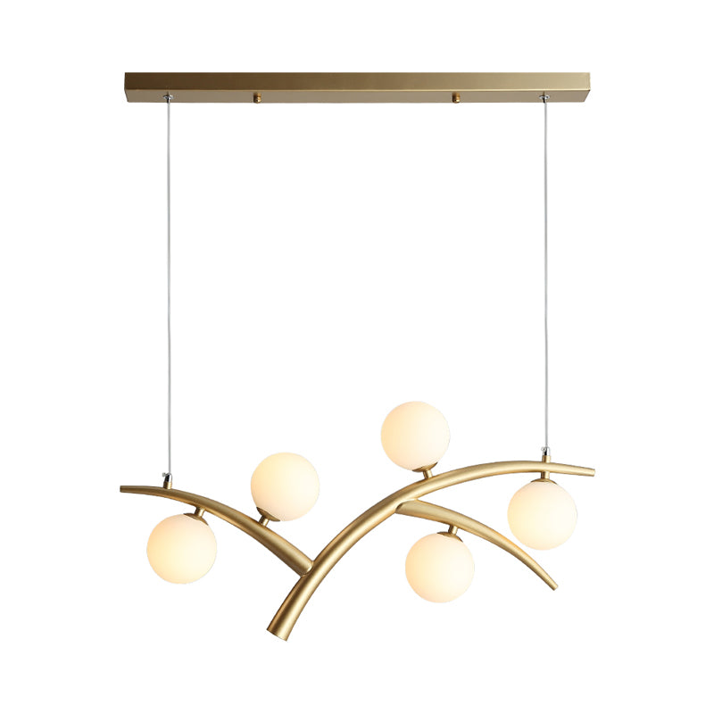 Vertakking ijzer kroonluchter eigentijdse 5 lichten gouden hanglamp lampje met orb witte glazen schaduw