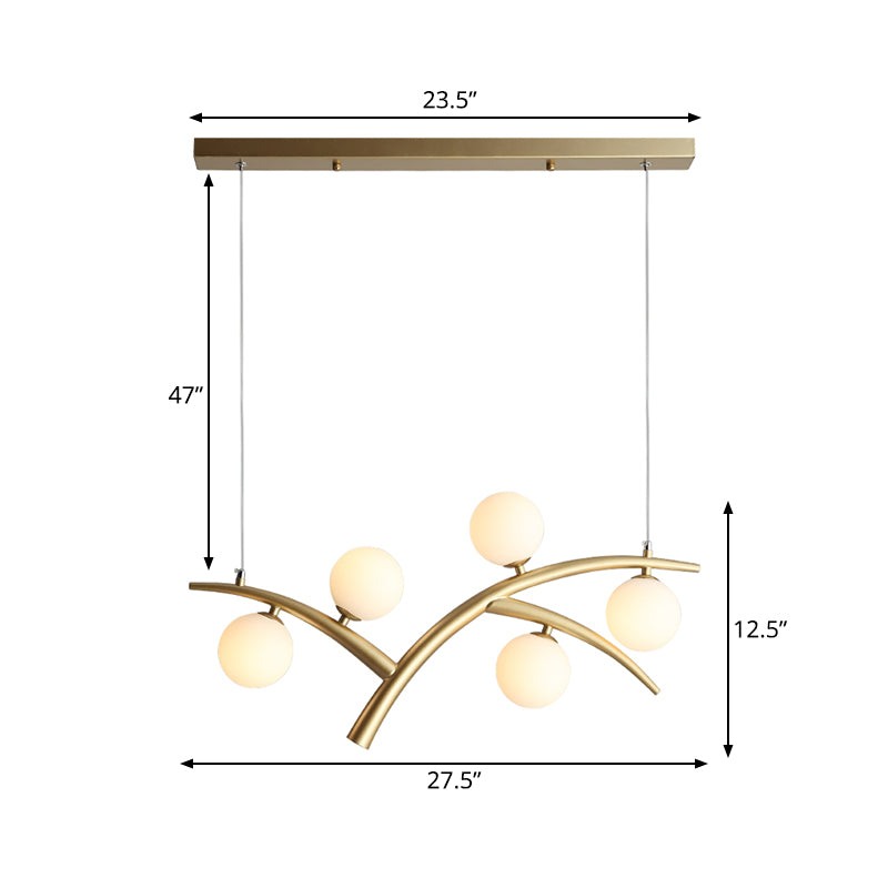 Vertakking ijzer kroonluchter eigentijdse 5 lichten gouden hanglamp lampje met orb witte glazen schaduw