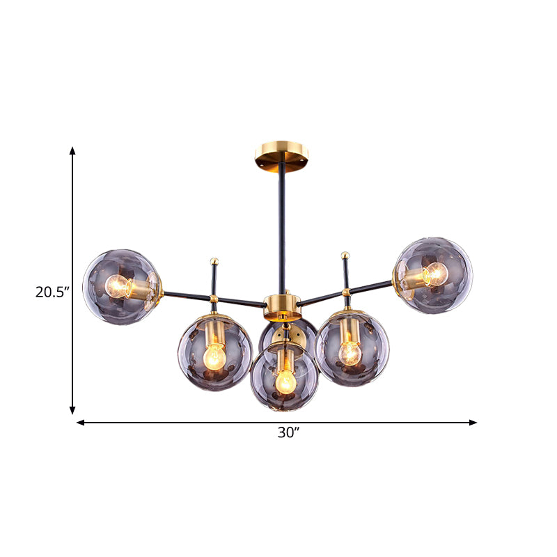 Globe Ceiling Mount Chandelier Vintage Smoke Glass 6-Light Living Room Semi Flush Light Fixture in Black-Brass