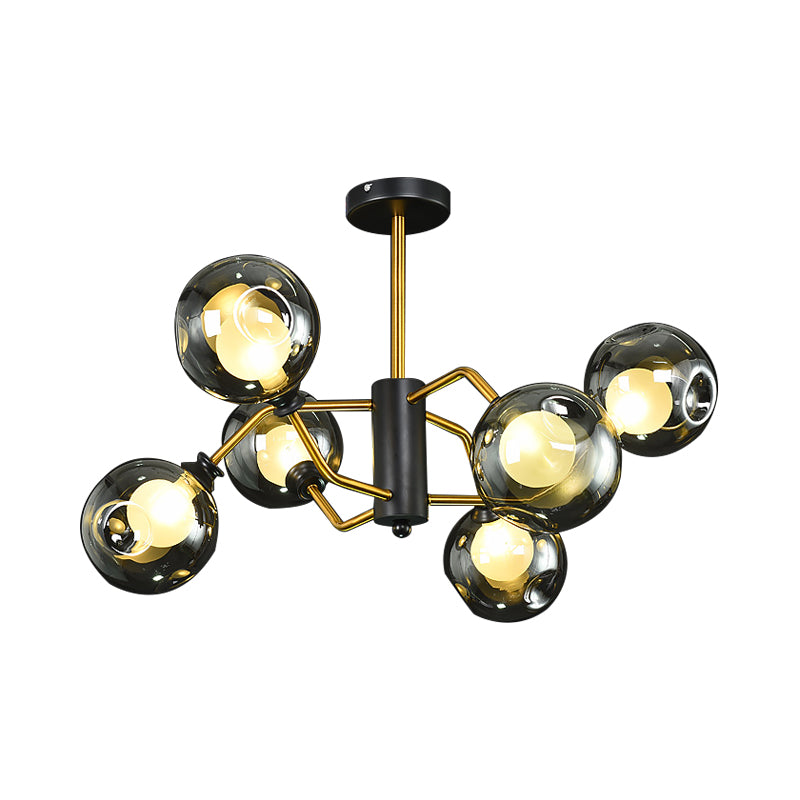 Luz de techo de semi rascillo curvado Modernismo Metal 6 cabezas Candelera de al ras de latón con humo gris tono de vidrio de hoyuelos