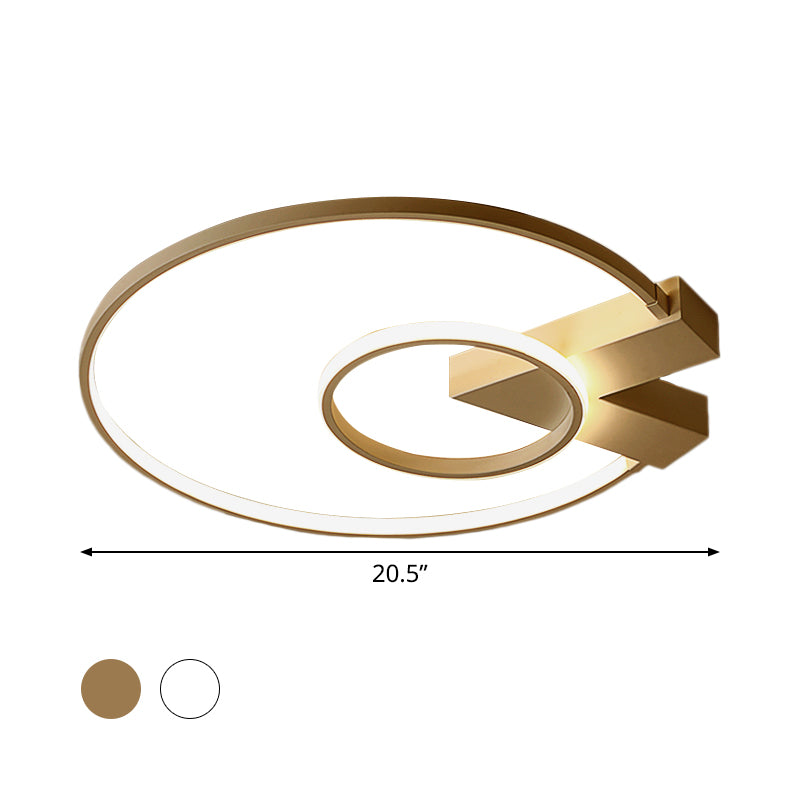 White/Gold 2-Circle Flush Mount Lighting Contemporary Aluminum LED Ceiling Fixture with V Neck Design