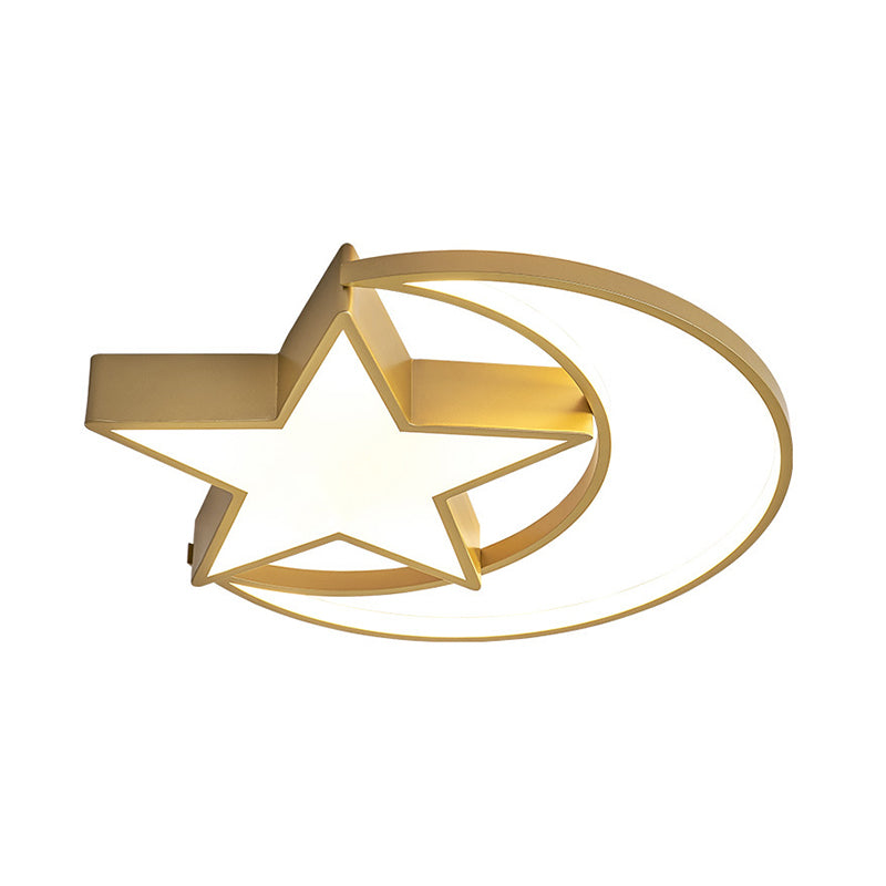 Crescent-Star Surface Ceiling Light Contemporary Iron Bedroom 16"/19.5" Wide LED Flush Mount in Gold