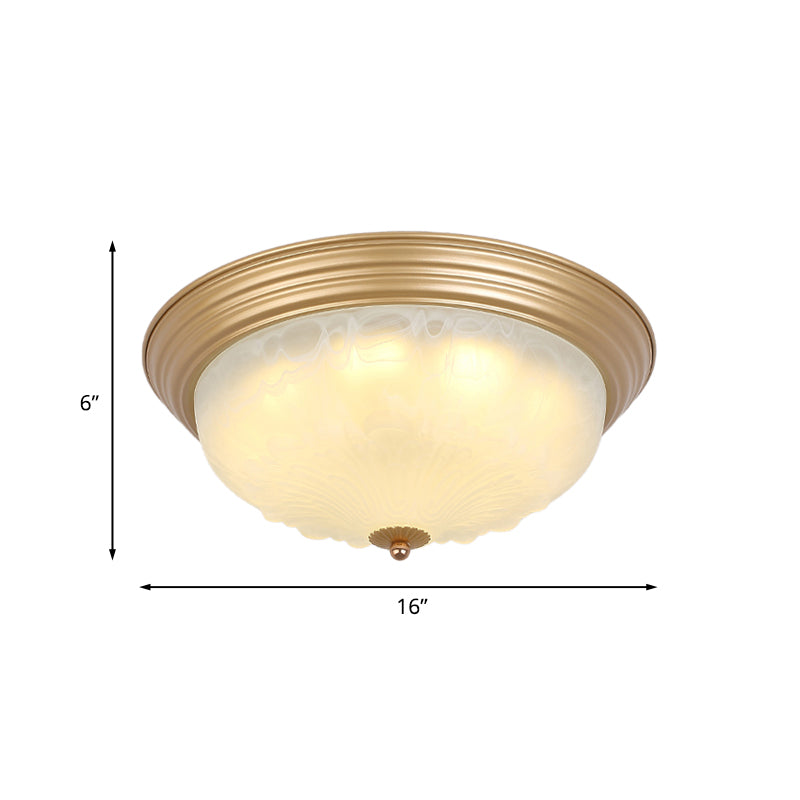 Gold 2/3 Heads Ceiling Light Colonial White Glass Bowl Shape Flush Mount Recessed Lighting, 16"/19.5" Width