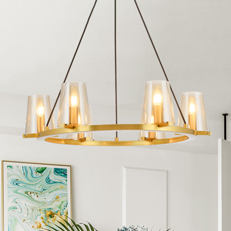 6/8-Bulb Cone Hanging Chandelier Colonialist Gold Clear Glass Pendant Lighting with Round Design