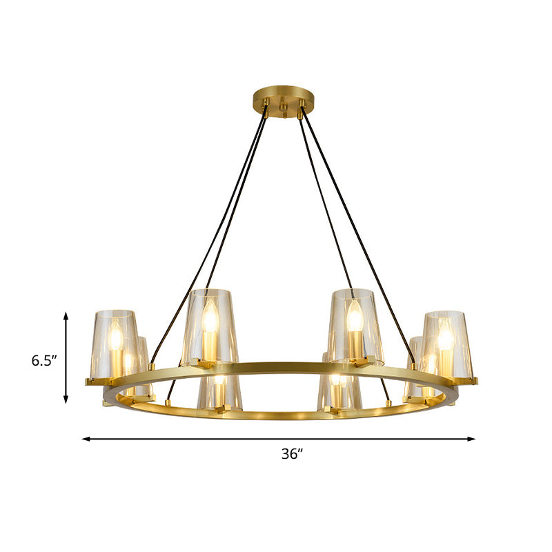 6/8-Bulb Cone Hanging Chandelier Colonialist Gold Clear Glass Pendant Lighting with Round Design