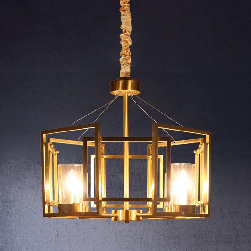 Luxury Cylinder Chandelier Pendant Light 4/6-Head Clear Glass Hanging Lamp in Gold with Rectangle Metal Cage