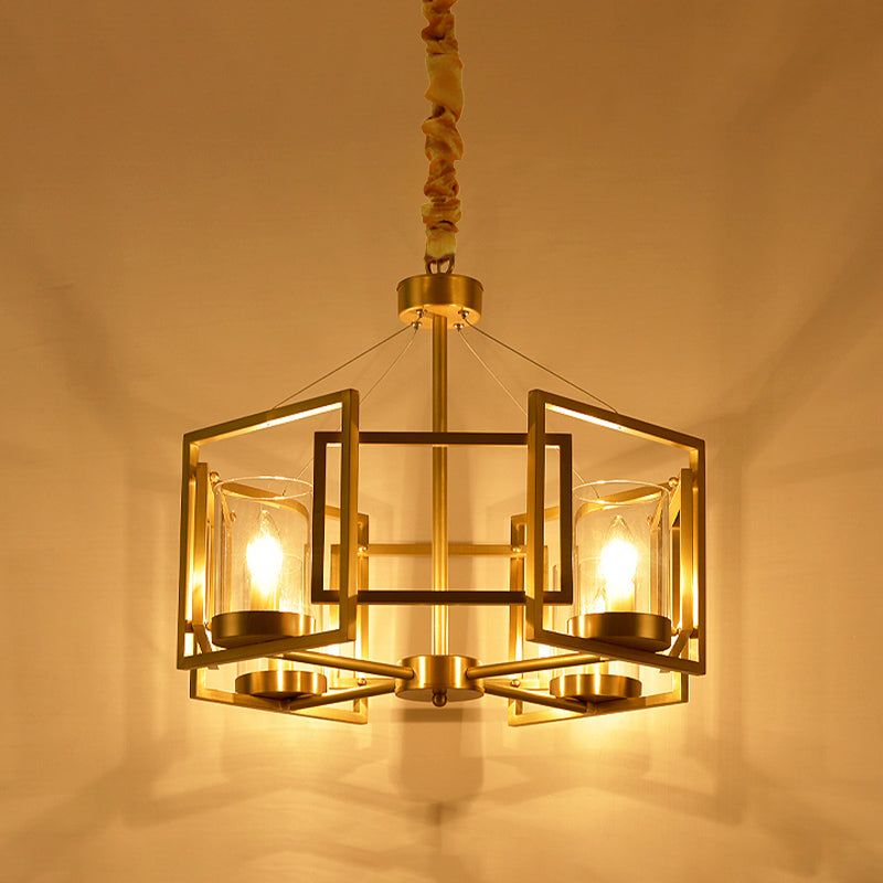Luxury Cylinder Chandelier Pendant Light 4/6-Head Clear Glass Hanging Lamp in Gold with Rectangle Metal Cage