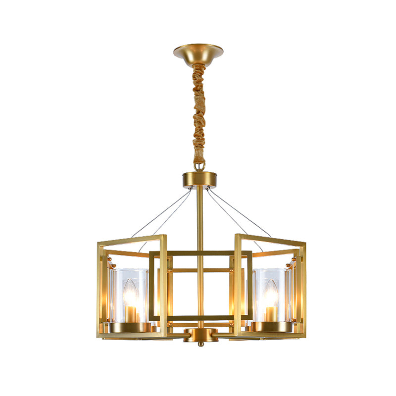 Luxury Cylinder Chandelier Pendant Light 4/6-Head Clear Glass Hanging Lamp in Gold with Rectangle Metal Cage