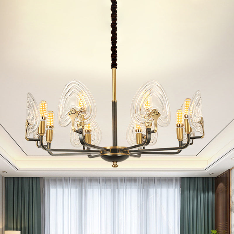 Heart-Shaped Bedroom Pendant Chandelier Colonial Clear Prismatic Glass 6/8 Bulbs Black and Gold Ceiling Light