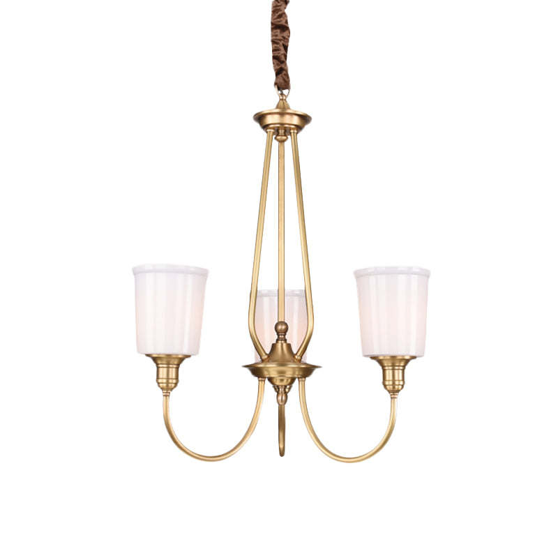 White Glass Cylinder Chandelier Light Colonialism 3/5 Lights Bedroom Pendant Lighting Fixture in Gold