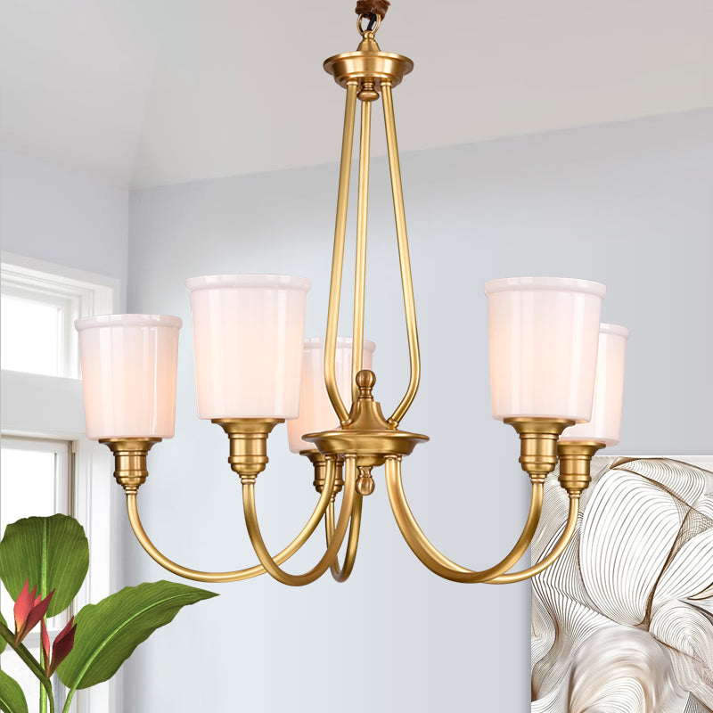 White Glass Cylinder Chandelier Light Colonialism 3/5 Lights Bedroom Pendant Lighting Fixture in Gold