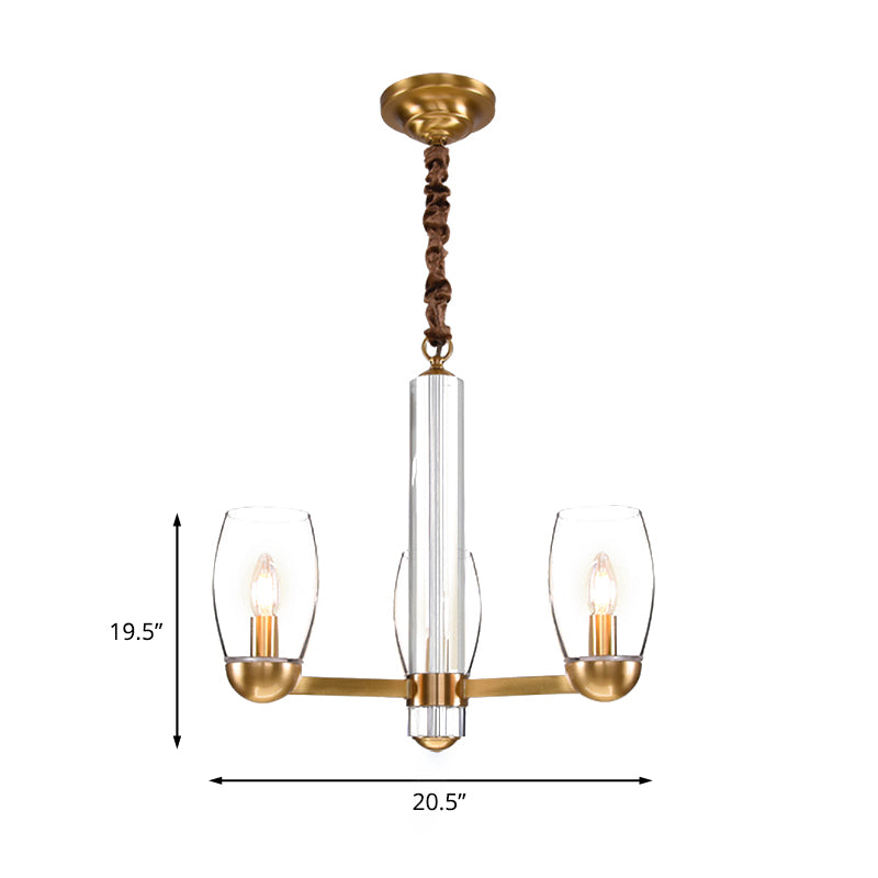 Clear Glass Gold Chandelier Lamp Oval 3/6-Bulb Colonialist Suspension Pendant with Starburst Design