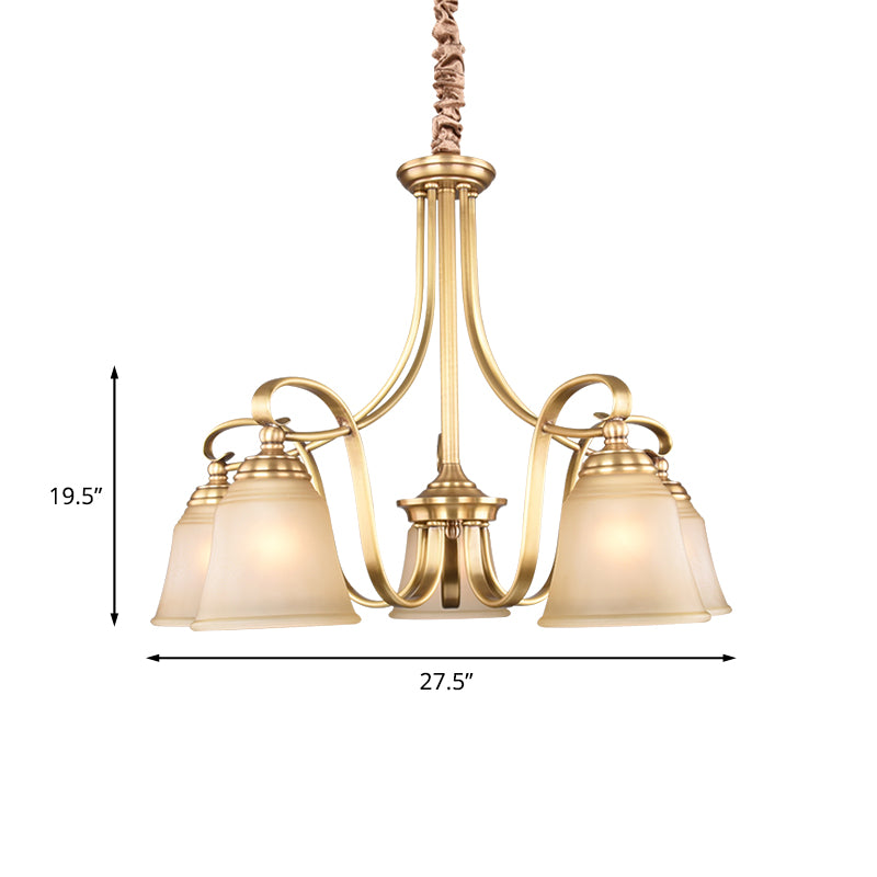 Colonialism Flared Chandelier Light Fixture 5/6 Bulbs Opal Glass Suspension Lamp in Gold with Scrolling Arm