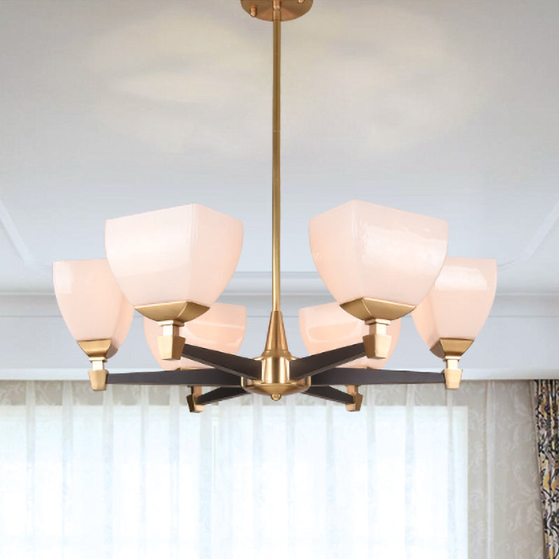 Kolonialistische trapeziumvormige kroonluchter verlichting armatuur 4/6 koppen opaalglas plafond hanglamp in goud