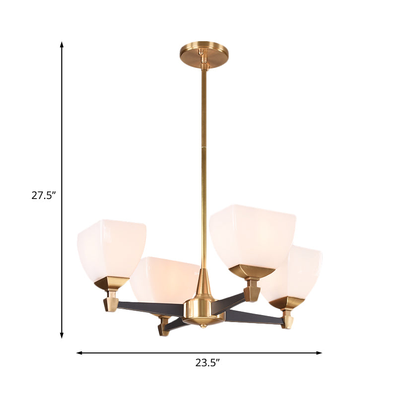 Kolonialistische trapeziumvormige kroonluchter verlichting armatuur 4/6 koppen opaalglas plafond hanglamp in goud
