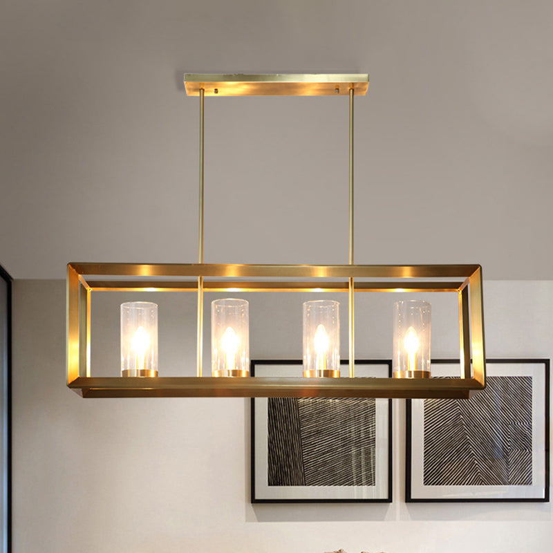 3/4 Bulbs Island Ceiling Light Colonial Cylindrical Clear Glass Suspension Lamp in Gold with Rectangle Metal Cage