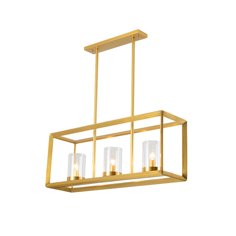 3/4 Bulbs Island Ceiling Light Colonial Cylindrical Clear Glass Suspension Lamp in Gold with Rectangle Metal Cage