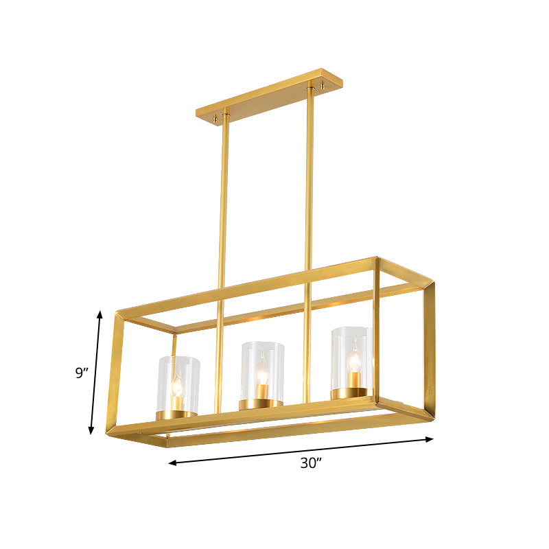3/4 Bulbs Island Ceiling Light Colonial Cylindrical Clear Glass Suspension Lamp in Gold with Rectangle Metal Cage