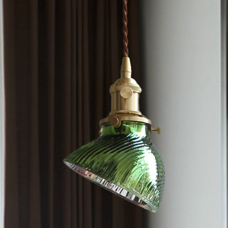 Twisted Bowl Restaurant Hanglamp Colonial Clear/Green Prismatic Glass 1 Licht koperen hanglampje