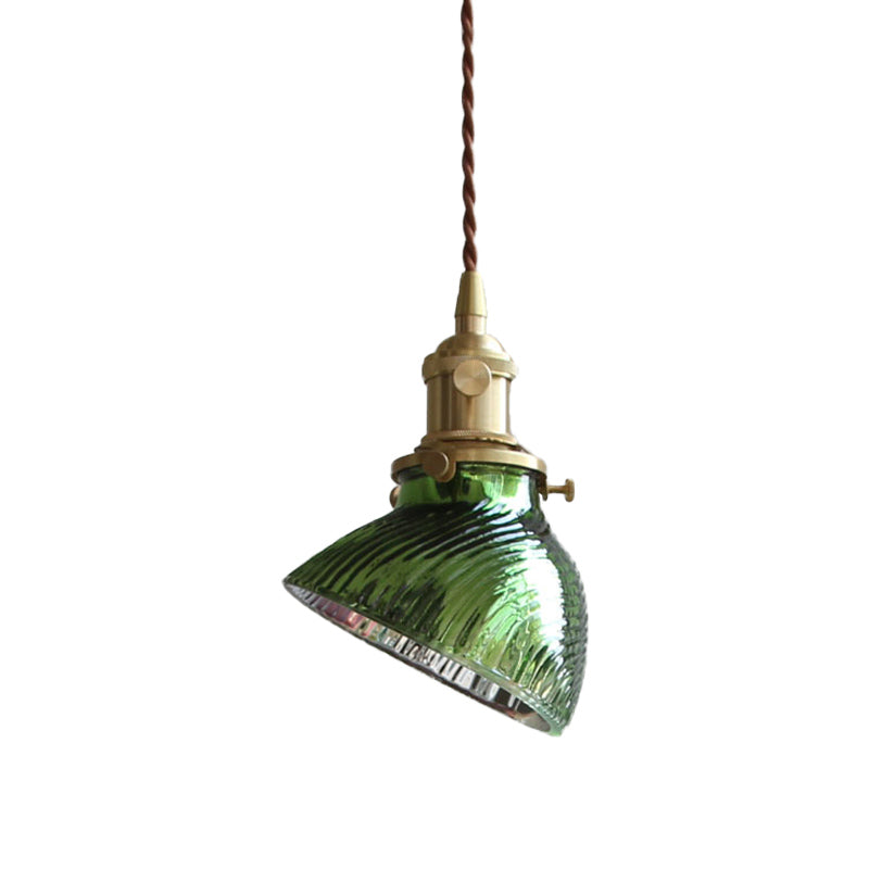 Twisted Bowl Restaurant Hanging Lamp Colonial Clear/Green Prismatic Glass 1-Light Brass Pendant Light