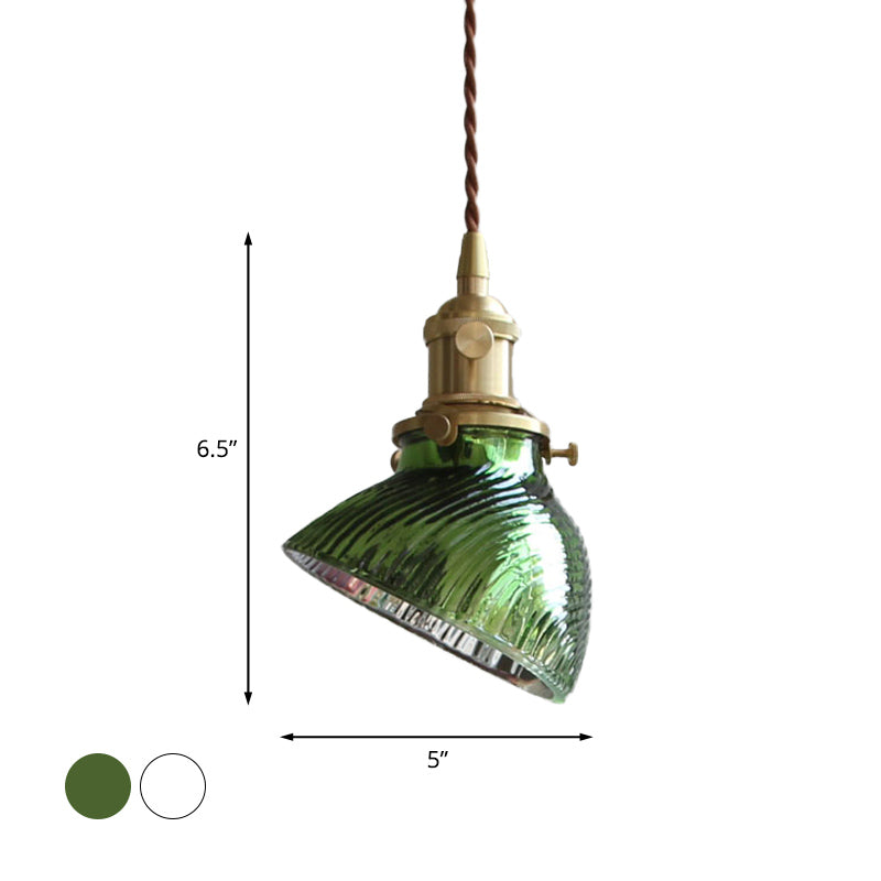 Twisted Bowl Restaurant Hanging Lamp Colonial Clear/Green Prismatic Glass 1-Light Brass Pendant Light