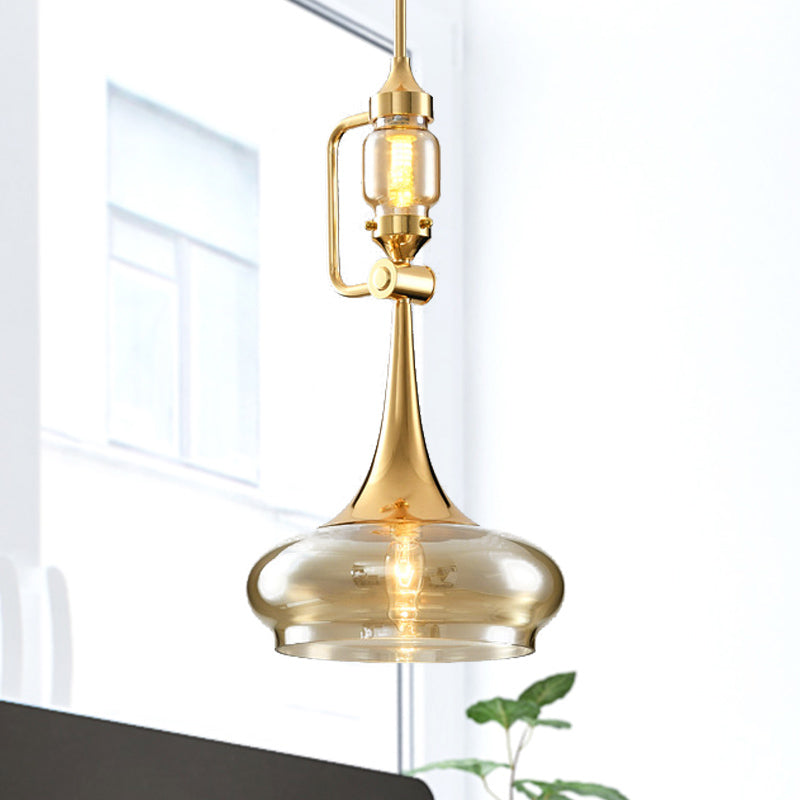 Trumpet Amber Glass Hanging Pendant Colonialism 2 Lights Restaurant Ceiling Light in Gold