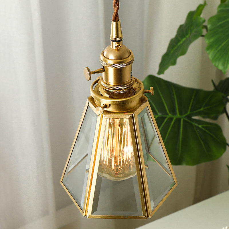 Clear Glass Tapered Suspension Lamp Colonialist 1 Bulb Restaurant Pendant Light Fixture in Gold