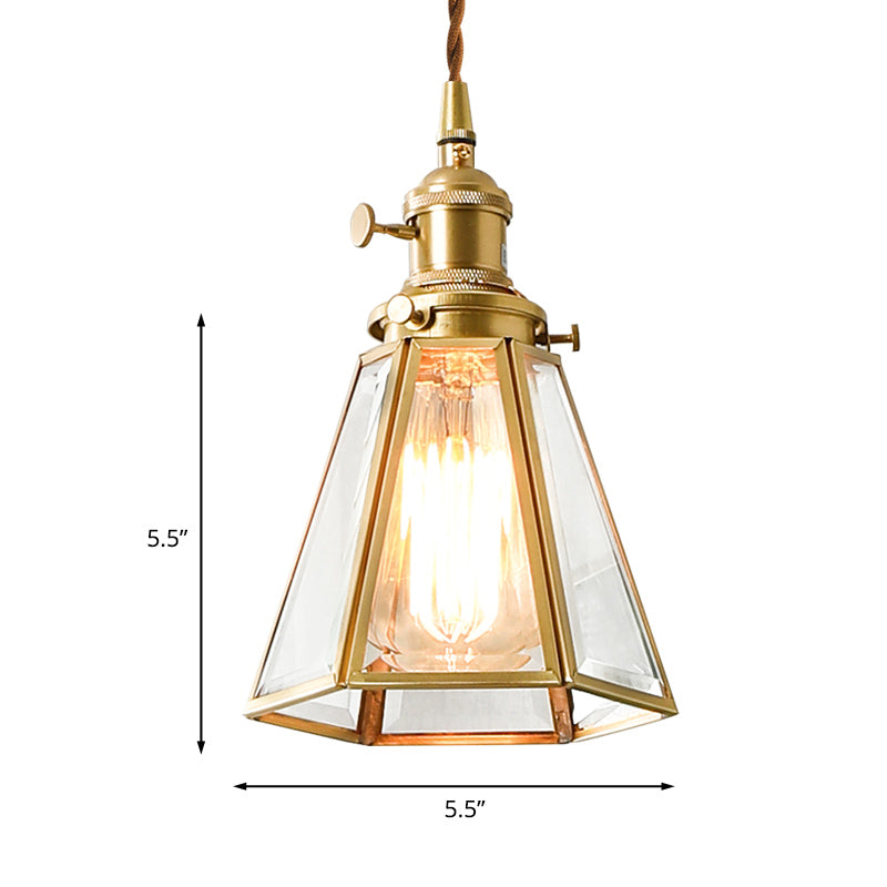 Lámpara de suspensión cónica de vidrio transparente colonialista 1 bulbo de restaurante lámpara colgante en oro