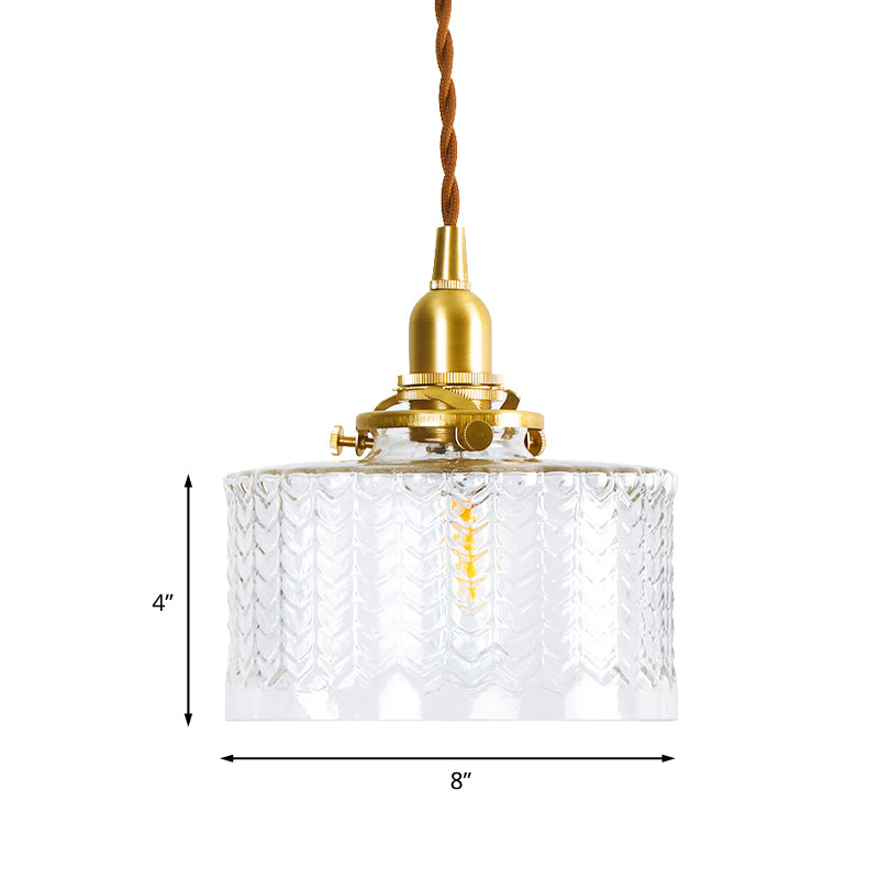 Drum Clear Textured Glass Pendant Colonialist 6"/8" W 1 Head Living Room Hanging Ceiling Light in Gold