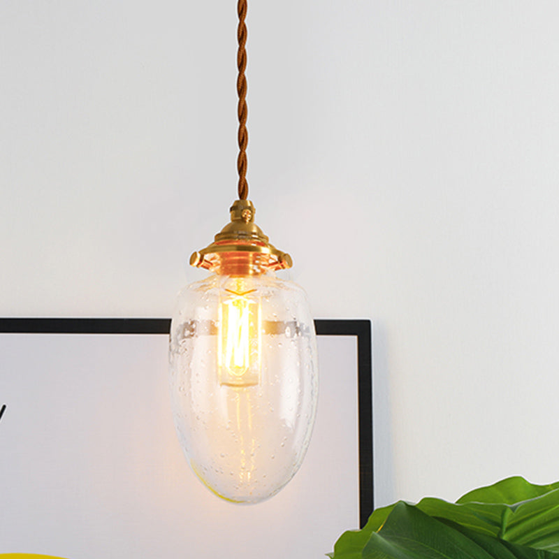 Gold 1-Light Ceiling Lamp Colonial Clear Crackle/Bubble Glass Globe/Oval/Cylinder Suspended Lighting Fixture for Bedroom