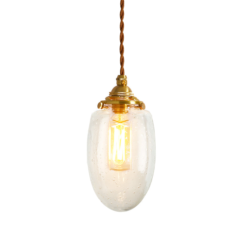 Gold 1-Light Ceiling Lamp Colonial Clear Crackle/Bubble Glass Globe/Oval/Cylinder Suspended Lighting Fixture for Bedroom
