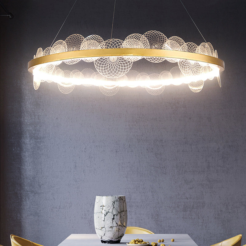 Lampada appesa a mano trasparente retrò retrò lampadario a LED acrilico con cerchio d'oro