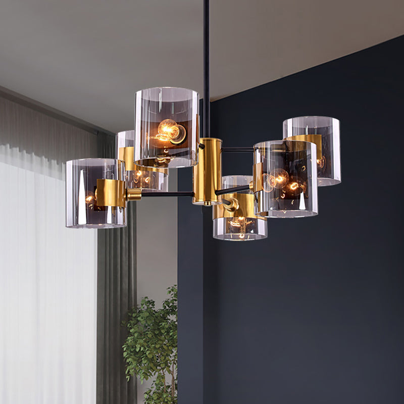 2 Tiers Volume Shade Ceiling Lamp Retro Style Smoke Grey Glass 6-Light Dining Table Semi Flush Mount in Gold