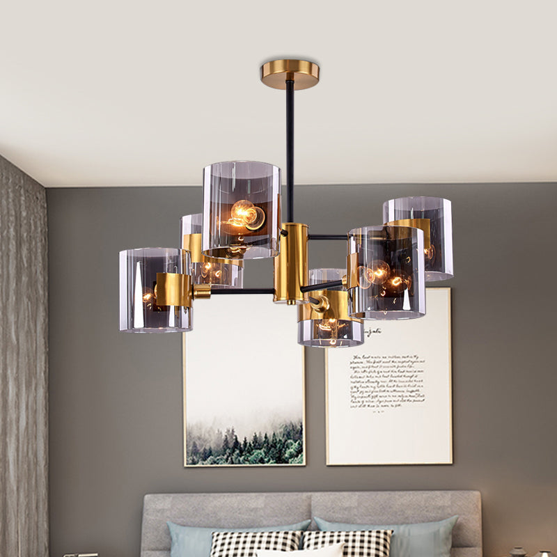 2 Tiers Volume Shade Ceiling Lamp Retro Style Smoke Grey Glass 6-Light Dining Table Semi Flush Mount in Gold