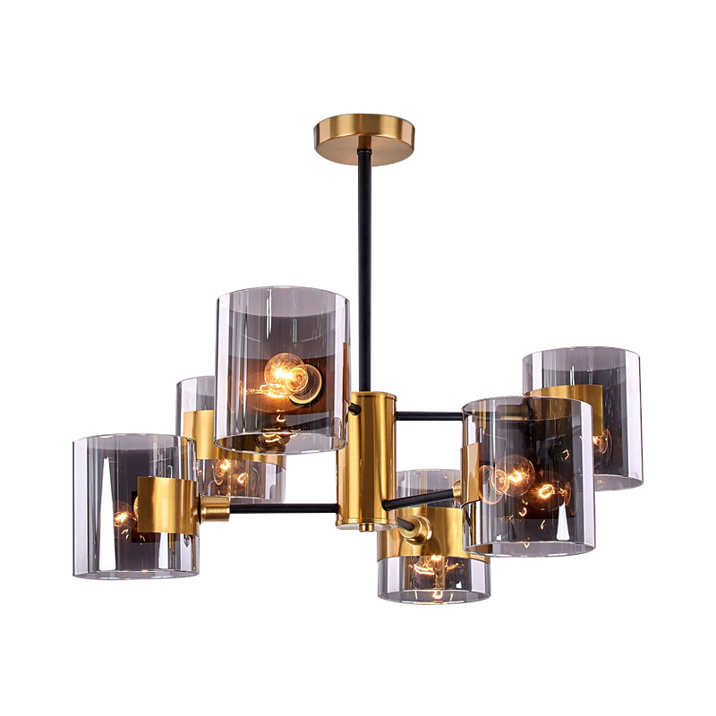2 Tiers Volume Shade Ceiling Lamp Retro Style Smoke Grey Glass 6-Light Dining Table Semi Flush Mount in Gold