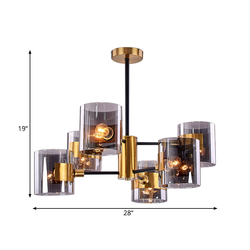 2 Tiers Volume Shade Ceiling Lamp Retro Style Smoke Grey Glass 6-Light Dining Table Semi Flush Mount in Gold